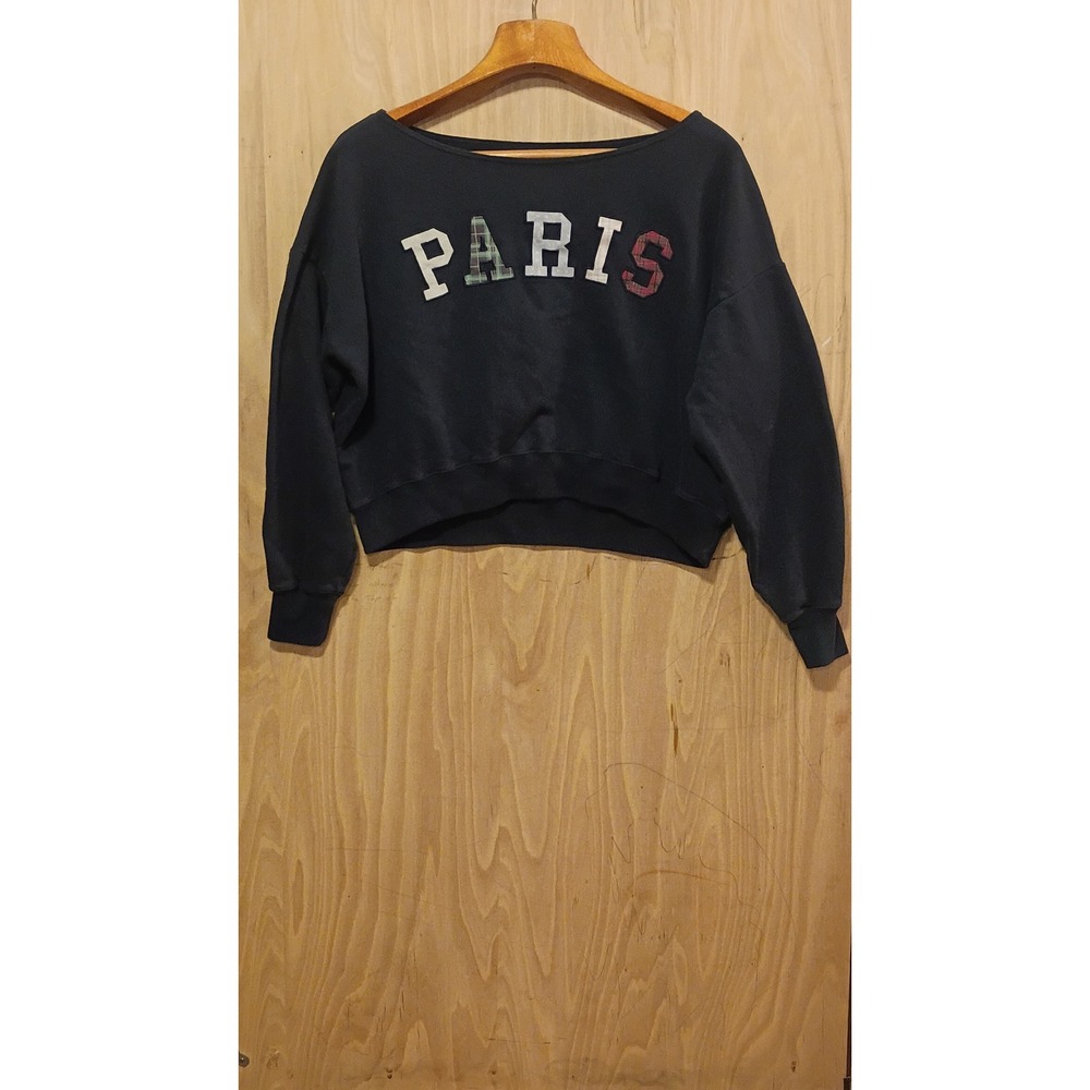 Hollister Paris Plaid Applique Cropped Sweatshirt Black Boat Neck Pullover M